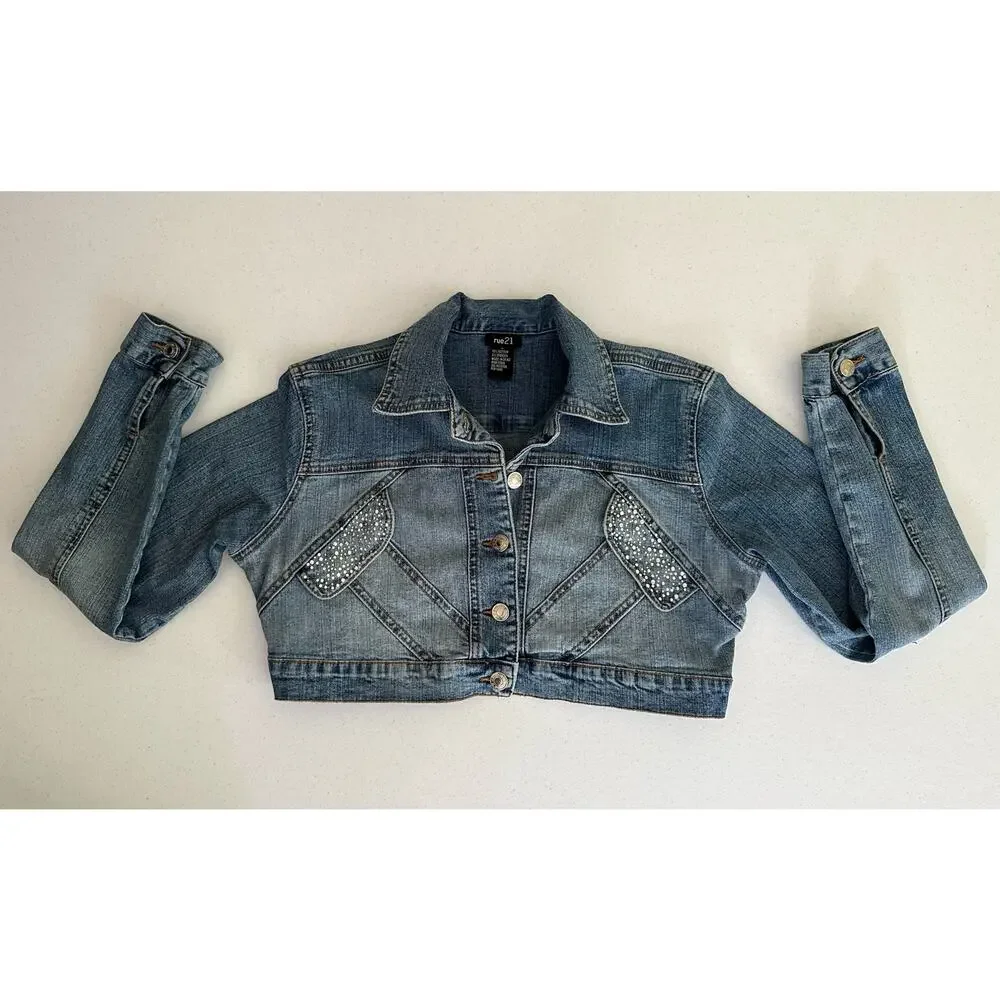 Rue21 Girls Jean Jacket Size Large Cropped Rhinestones Embellished Chest Pockets